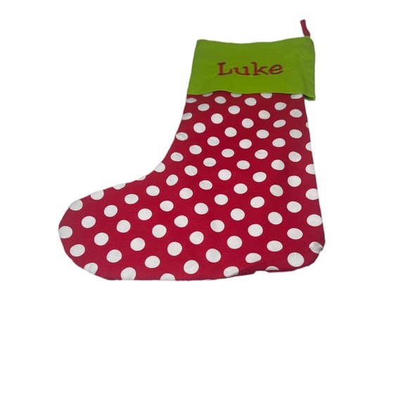 NWOT RED AND WHITE POKA DOT CHRISTMAS STOCKING WITH THE NAME “LUKE”EMBROIDERED - Picture 1 of 3